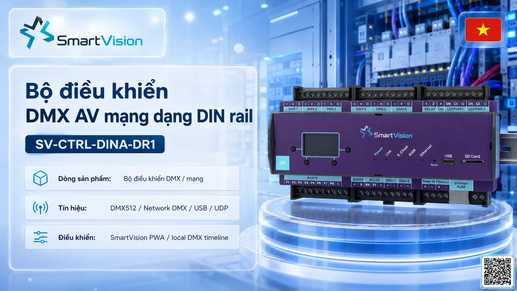 SV-CTRL-DINA-DR1 SV-CTRL-DINA-DR1 DIN Rail Network DMX AV Controller Bộ điều khiển DMX, Nhạc nước DMX, Đèn DMX, Bơm DMX, hệ thống ánh sáng DMX