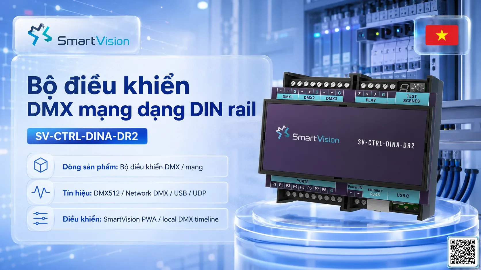 SV-CTRL-DINA-DR2 SV-CTRL-DINA-DR2 DIN Rail Network DMX Controller Bộ điều khiển DMX, Nhạc nước DMX, Đèn DMX, Bơm DMX, hệ thống ánh sáng DMX