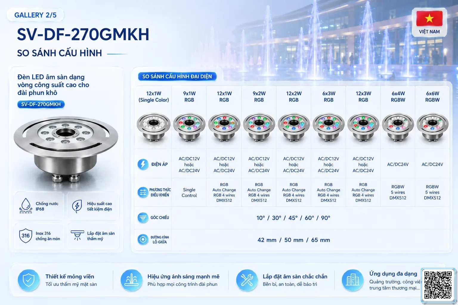 SV-DF-270GMKH SV-DF-270GMKH High Power Dry Fountain Ring LED Light thông số kỹ thuật thiết bị đèn âm nước cho đài phun nước, nhạc nước nghệ thuật