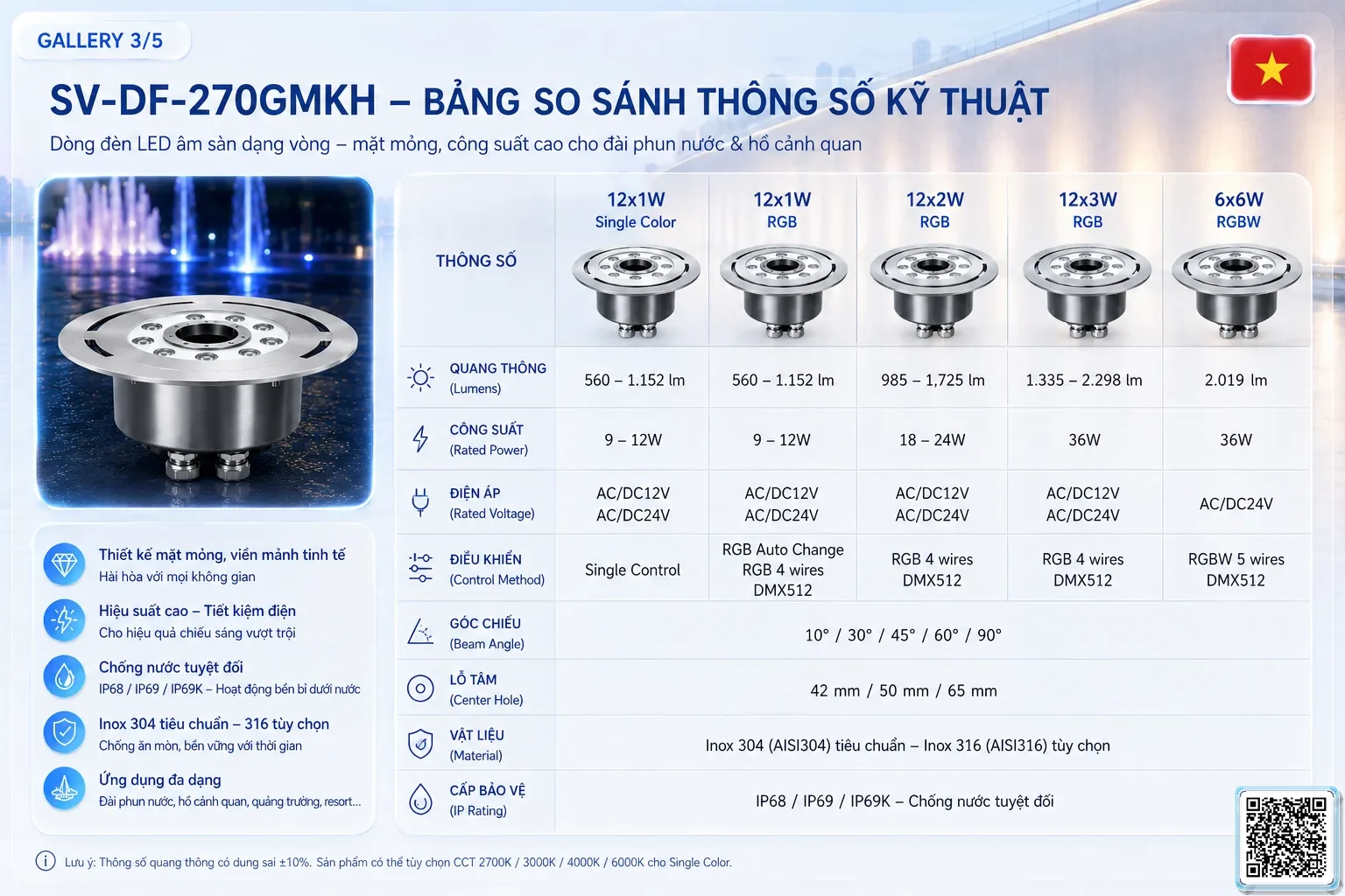 SV-DF-270GMKH SV-DF-270GMKH High Power Dry Fountain Ring LED Light thông số kỹ thuật thiết bị đèn âm nước cho đài phun nước, nhạc nước nghệ thuật
