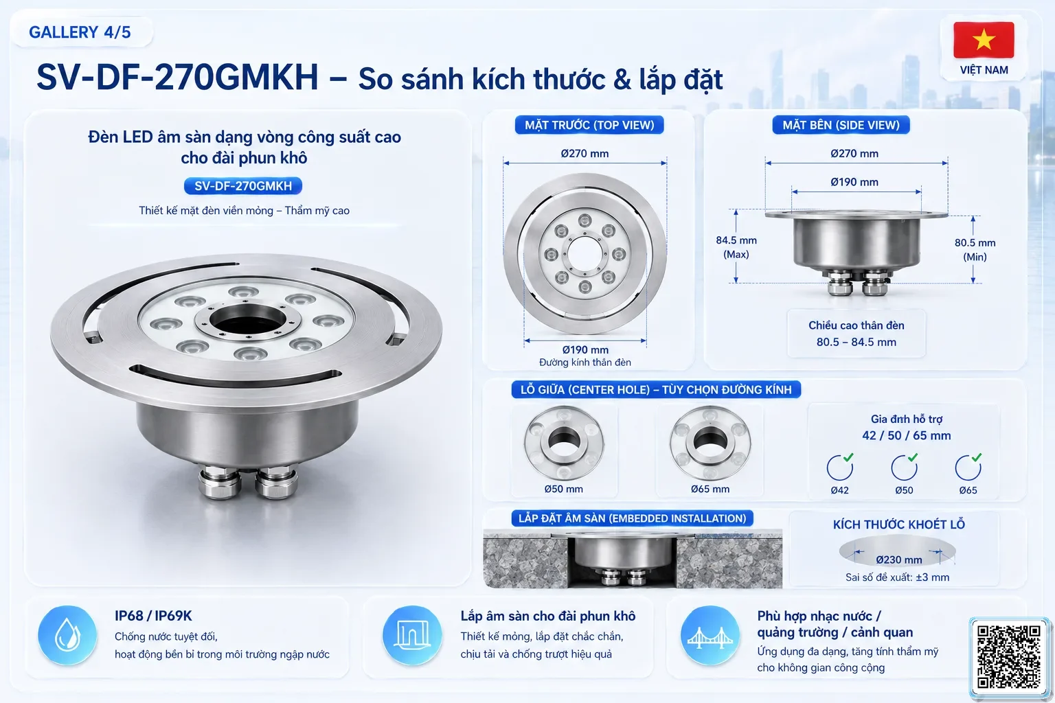 SV-DF-270GMKH SV-DF-270GMKH High Power Dry Fountain Ring LED Light thông số kỹ thuật thiết bị đèn âm nước cho đài phun nước, nhạc nước nghệ thuật