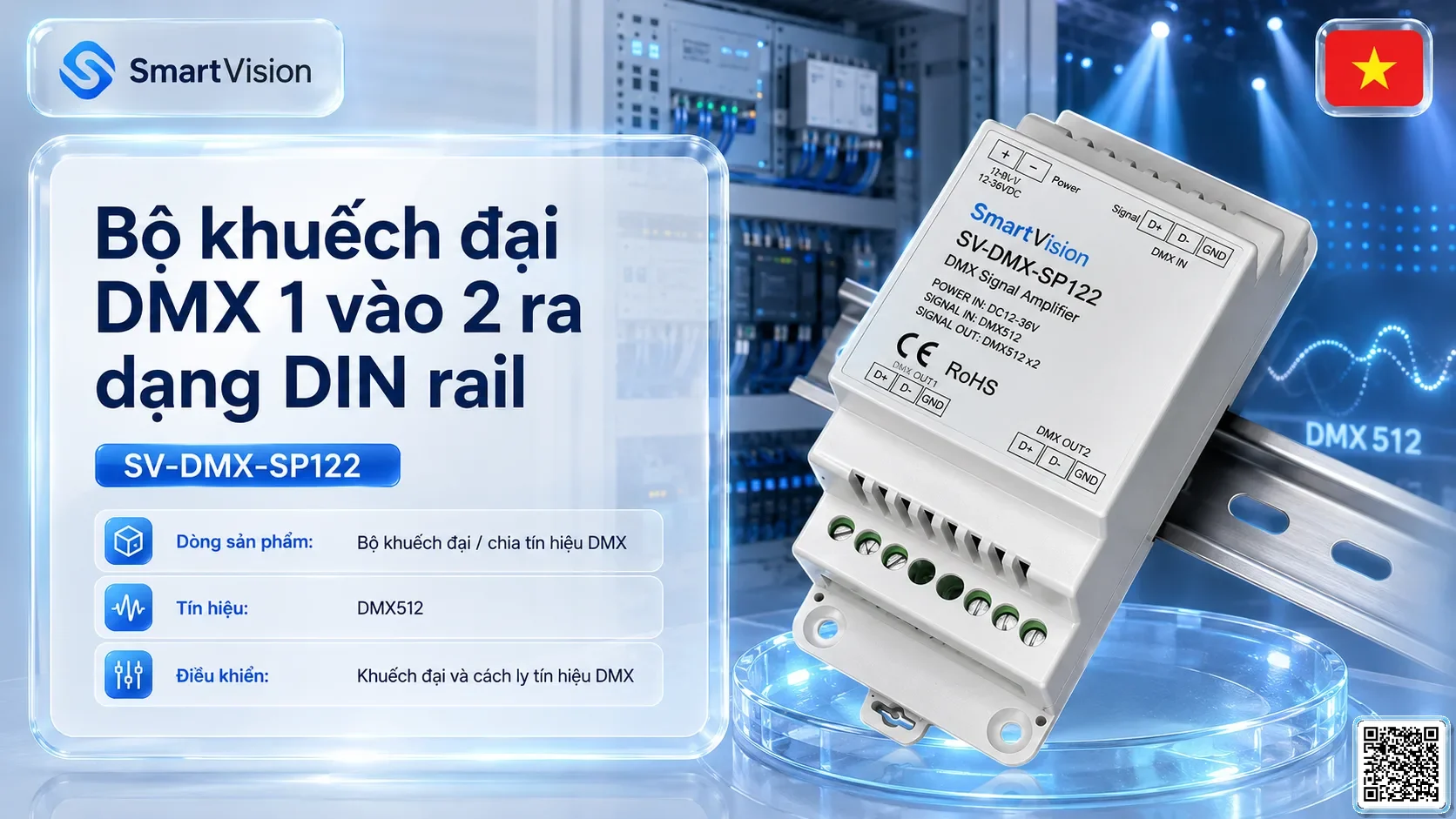 SV-DMX-SP122 SV-DMX-SP122 DIN Rail 1-in/2-out DMX Splitter Bộ điều khiển DMX, Nhạc nước DMX, Đèn DMX, Bơm DMX, hệ thống ánh sáng DMX