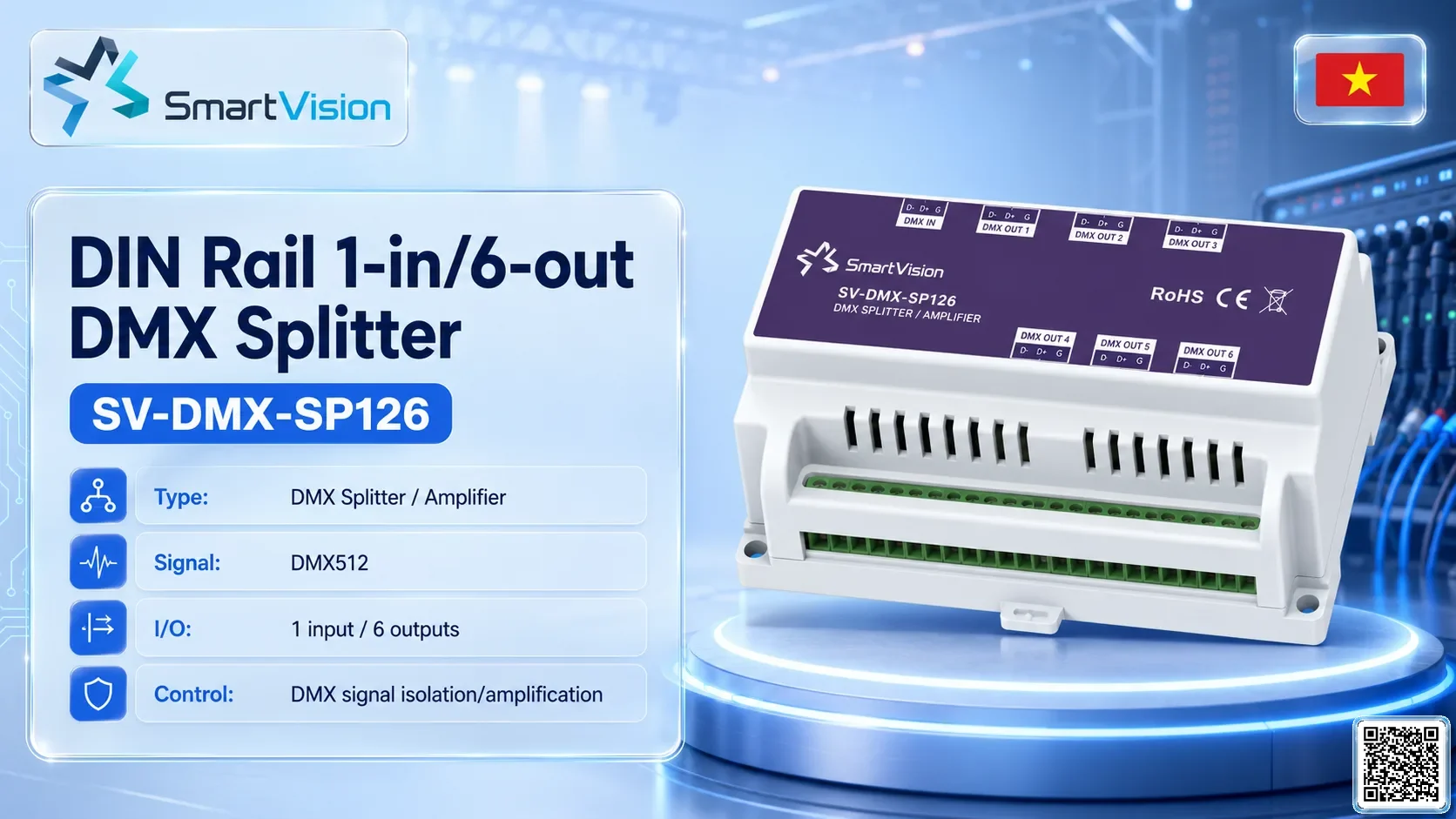 SV-DMX-SP126 DIN Rail 1-in/6-out DMX Splitter