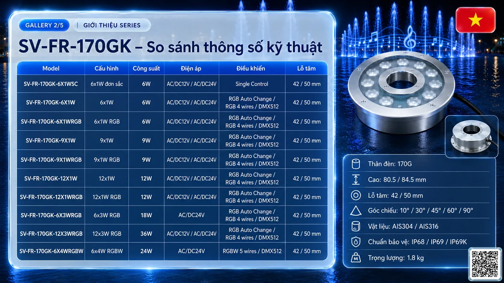 SV-FR-170GK SV-FR-170GK Fountain Ring Underwater LED Light thông số kỹ thuật thiết bị đèn âm nước cho đài phun nước, nhạc nước nghệ thuật