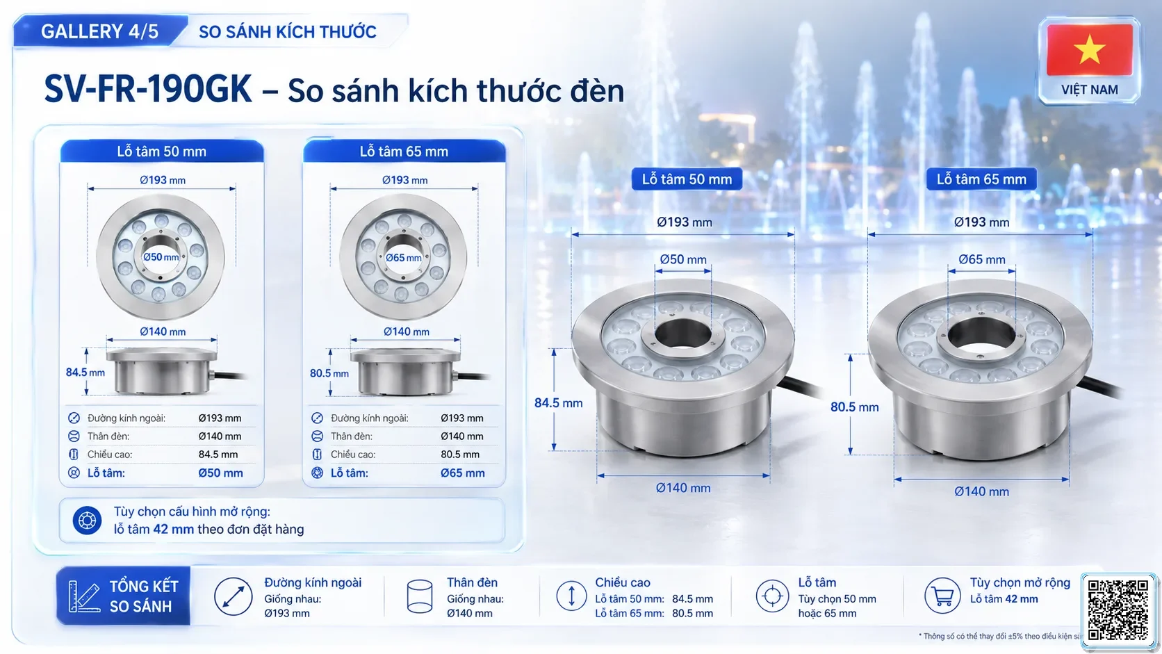 SV-FR-190GK SV-FR-190GK Fountain Ring Underwater LED Light thông số kỹ thuật thiết bị đèn âm nước cho đài phun nước, nhạc nước nghệ thuật
