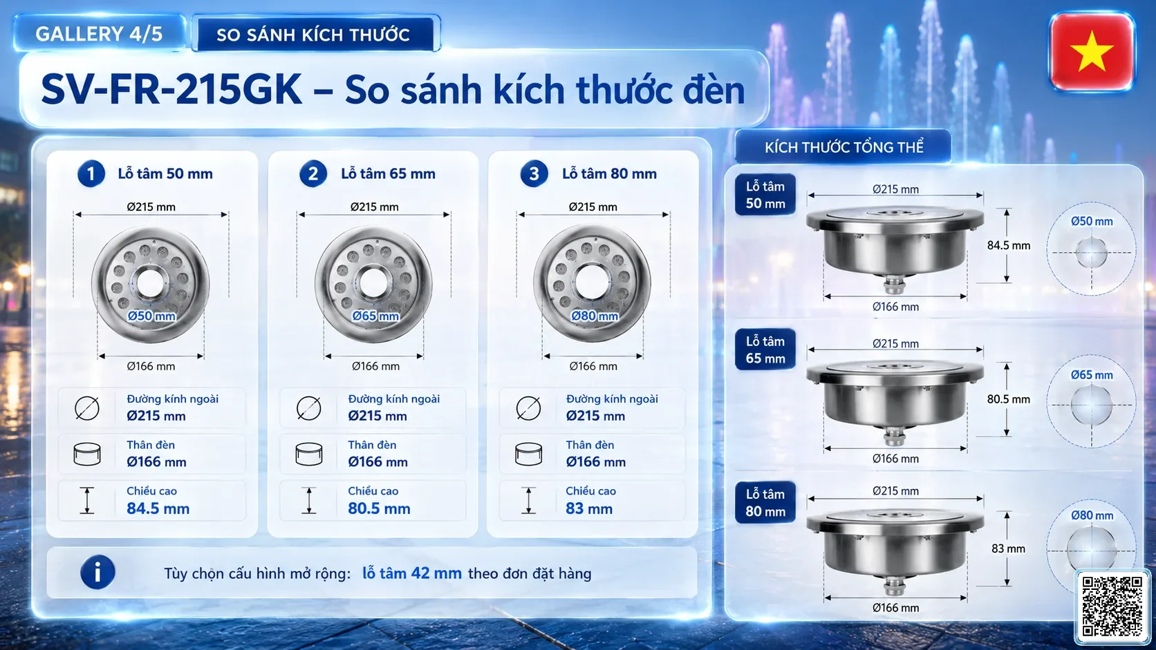SV-FR-215GK SV-FR-215GK Fountain Ring Underwater LED Light thông số kỹ thuật thiết bị đèn âm nước cho đài phun nước, nhạc nước nghệ thuật