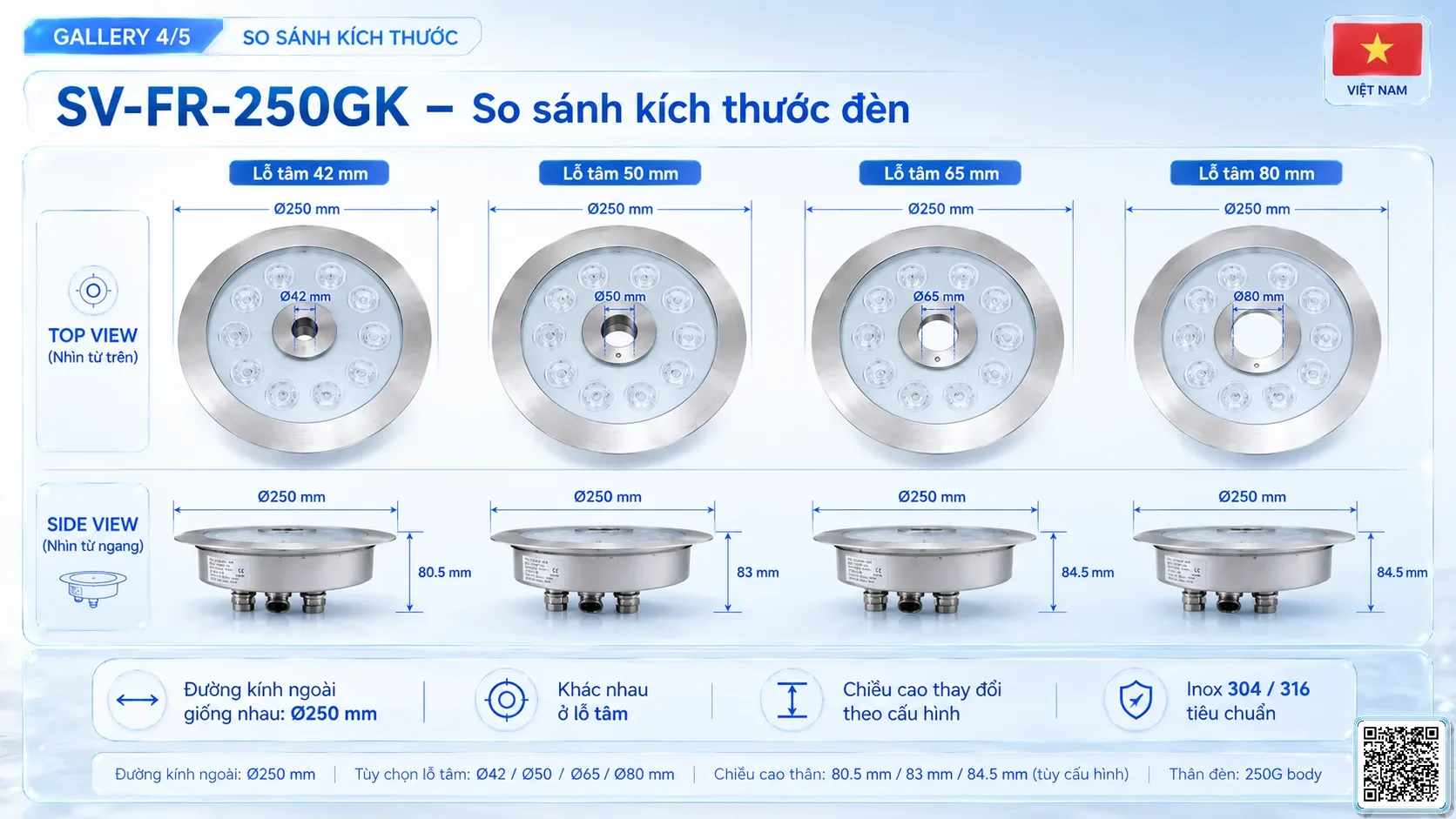 SV-FR-250GK SV-FR-250GK Fountain Ring Underwater LED Light thông số kỹ thuật thiết bị đèn âm nước cho đài phun nước, nhạc nước nghệ thuật