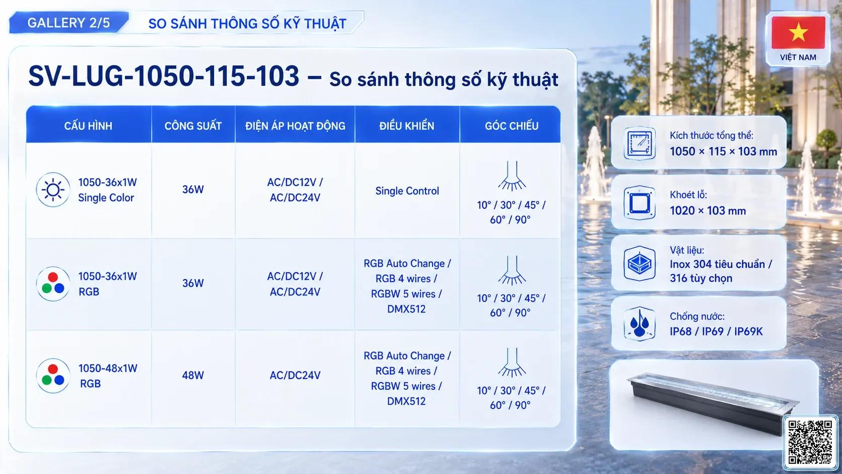 SV-LUG-1050-115-103 SV-LUG-1050-115-103 IP68 Stainless Steel LED Linear Underground Light thông số kỹ thuật thiết bị đèn âm nước cho đài phun nước, nhạc