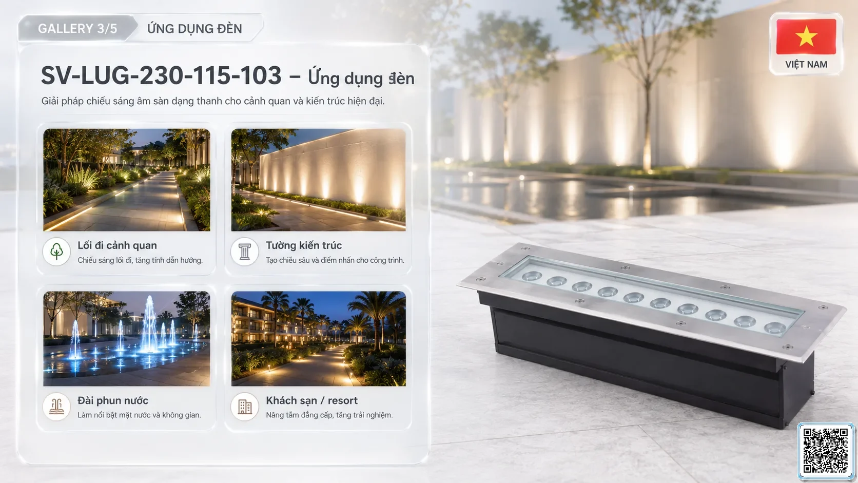 SV-LUG-230-115-103 SV-LUG-230-115-103 IP68 Stainless Steel LED Linear Underground Light thông số kỹ thuật thiết bị đèn âm nước cho đài phun nước, nhạc