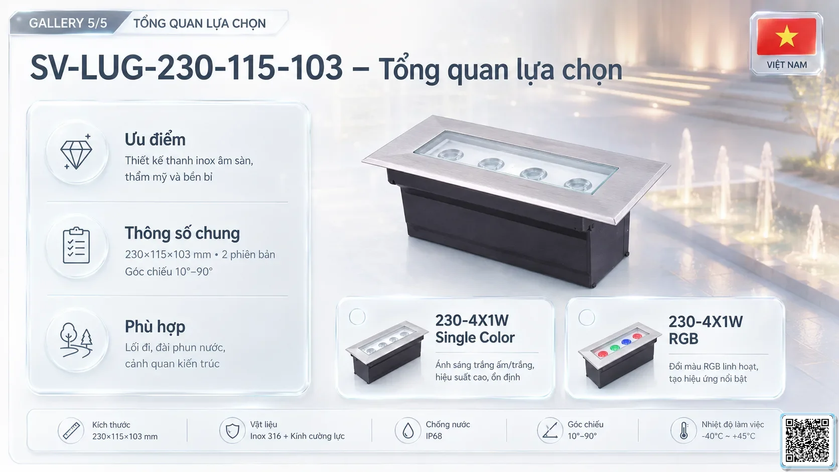 SV-LUG-230-115-103 SV-LUG-230-115-103 IP68 Stainless Steel LED Linear Underground Light thông số kỹ thuật thiết bị đèn âm nước cho đài phun nước, nhạc