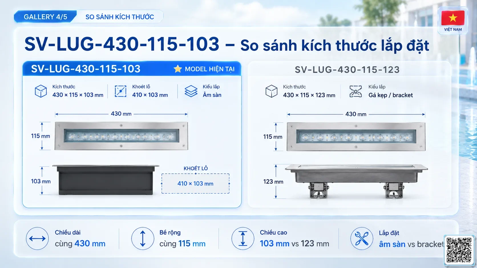 SV-LUG-430-115-103 SV-LUG-430-115-103 IP68 Stainless Steel LED Linear Underground Light thông số kỹ thuật thiết bị đèn âm nước cho đài phun nước, nhạc
