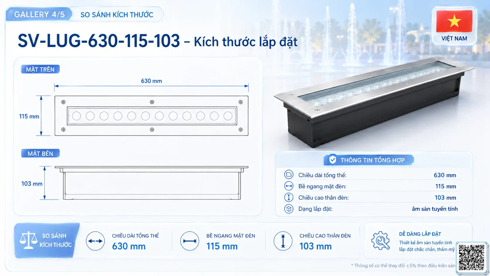 SV-LUG-630-115-103 SV-LUG-630-115-103 IP68 Stainless Steel LED Linear Underground Light thông số kỹ thuật thiết bị đèn âm nước cho đài phun nước, nhạc