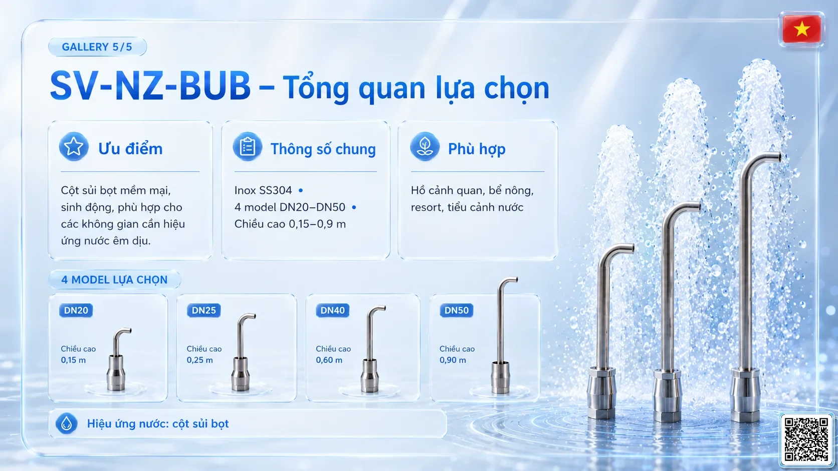 SV-NZ-BUB SV-NZ-BUB Bubbling Nozzle Thông số kỹ thuật vòi phun, Catalogue vòi phun nước nghệ thuật