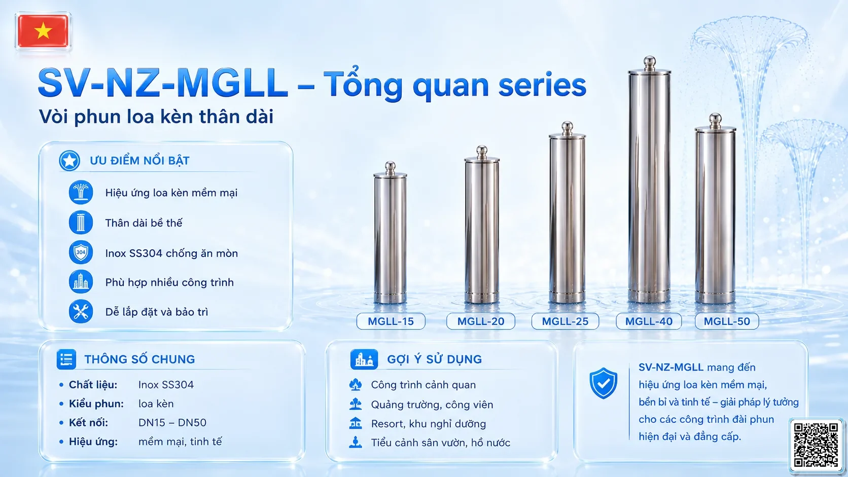 SV-NZ-MGLL SV-NZ-MGLL Morning Glory Nozzle Lengthening Thông số kỹ thuật vòi phun, Catalogue vòi phun nước nghệ thuật