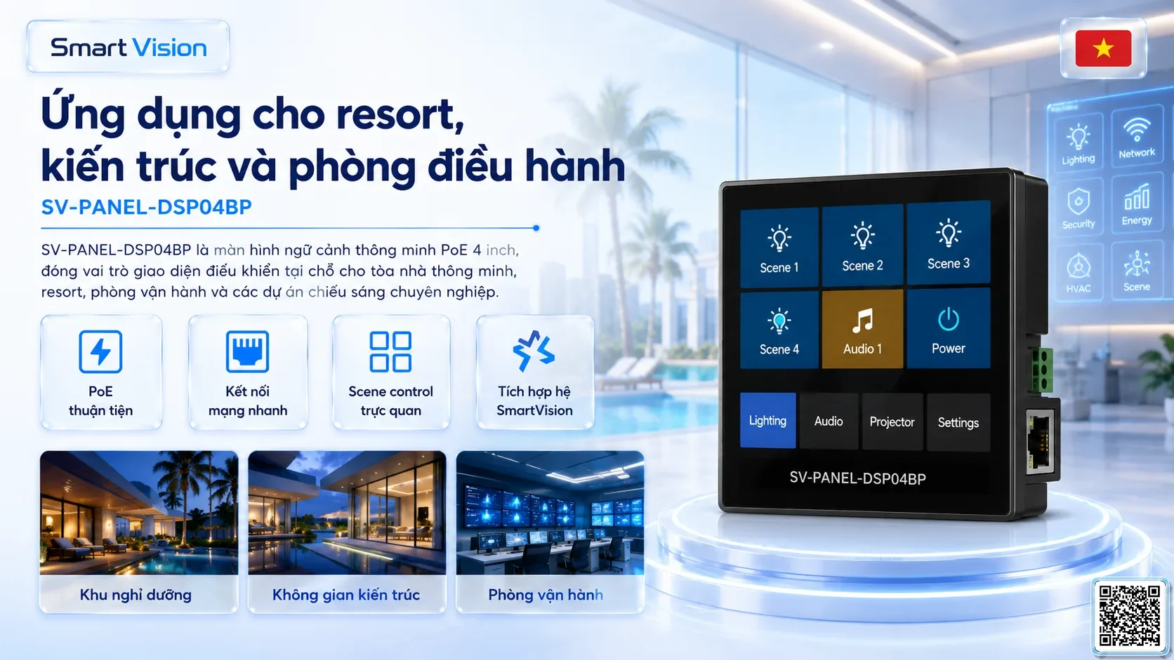 SV-PANEL-DSP04BP SV-PANEL-DSP04BP 4-inch PoE Smart Scene Panel Bộ điều khiển DMX, Nhạc nước DMX, Đèn DMX, Bơm DMX, hệ thống ánh sáng DMX
