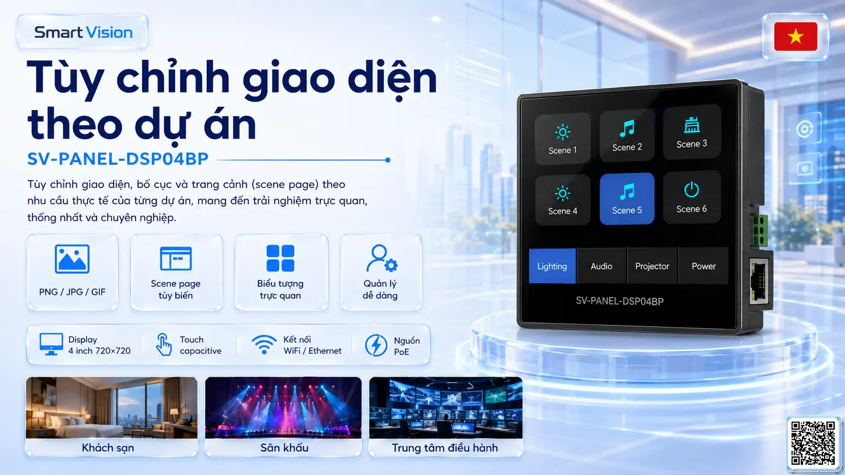 SV-PANEL-DSP04BP SV-PANEL-DSP04BP 4-inch PoE Smart Scene Panel Bộ điều khiển DMX, Nhạc nước DMX, Đèn DMX, Bơm DMX, hệ thống ánh sáng DMX