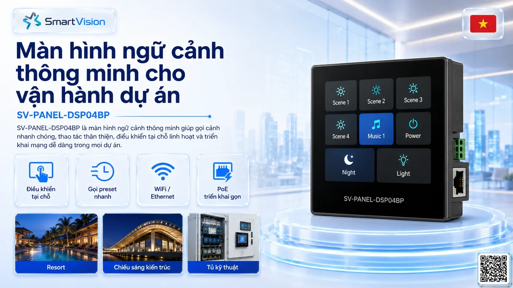 SV-PANEL-DSP04BP SV-PANEL-DSP04BP 4-inch PoE Smart Scene Panel Bộ điều khiển DMX, Nhạc nước DMX, Đèn DMX, Bơm DMX, hệ thống ánh sáng DMX