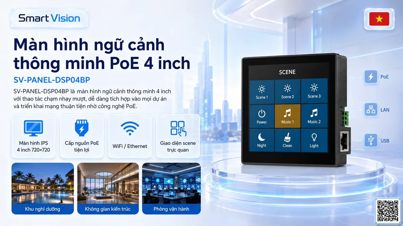SV-PANEL-DSP04BP SV-PANEL-DSP04BP 4-inch PoE Smart Scene Panel Bộ điều khiển DMX, Nhạc nước DMX, Đèn DMX, Bơm DMX, hệ thống ánh sáng DMX