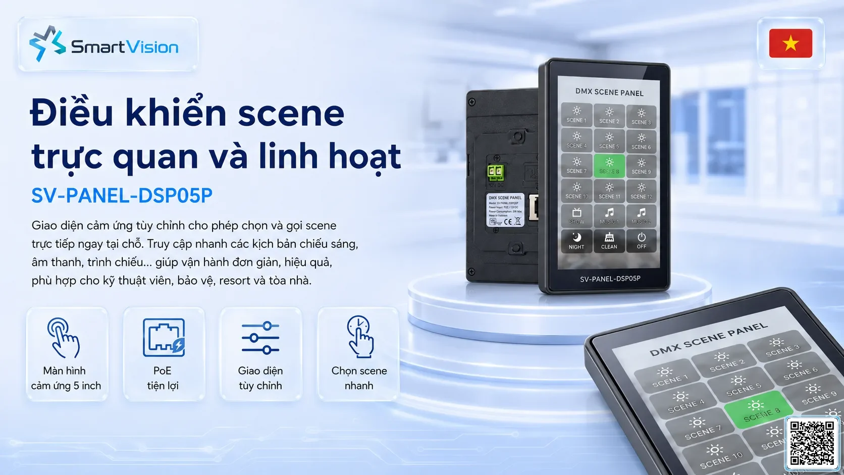 SV-PANEL-DSP05P SV-PANEL-DSP05P 5-inch PoE Smart Scene Panel Bộ điều khiển DMX, Nhạc nước DMX, Đèn DMX, Bơm DMX, hệ thống ánh sáng DMX