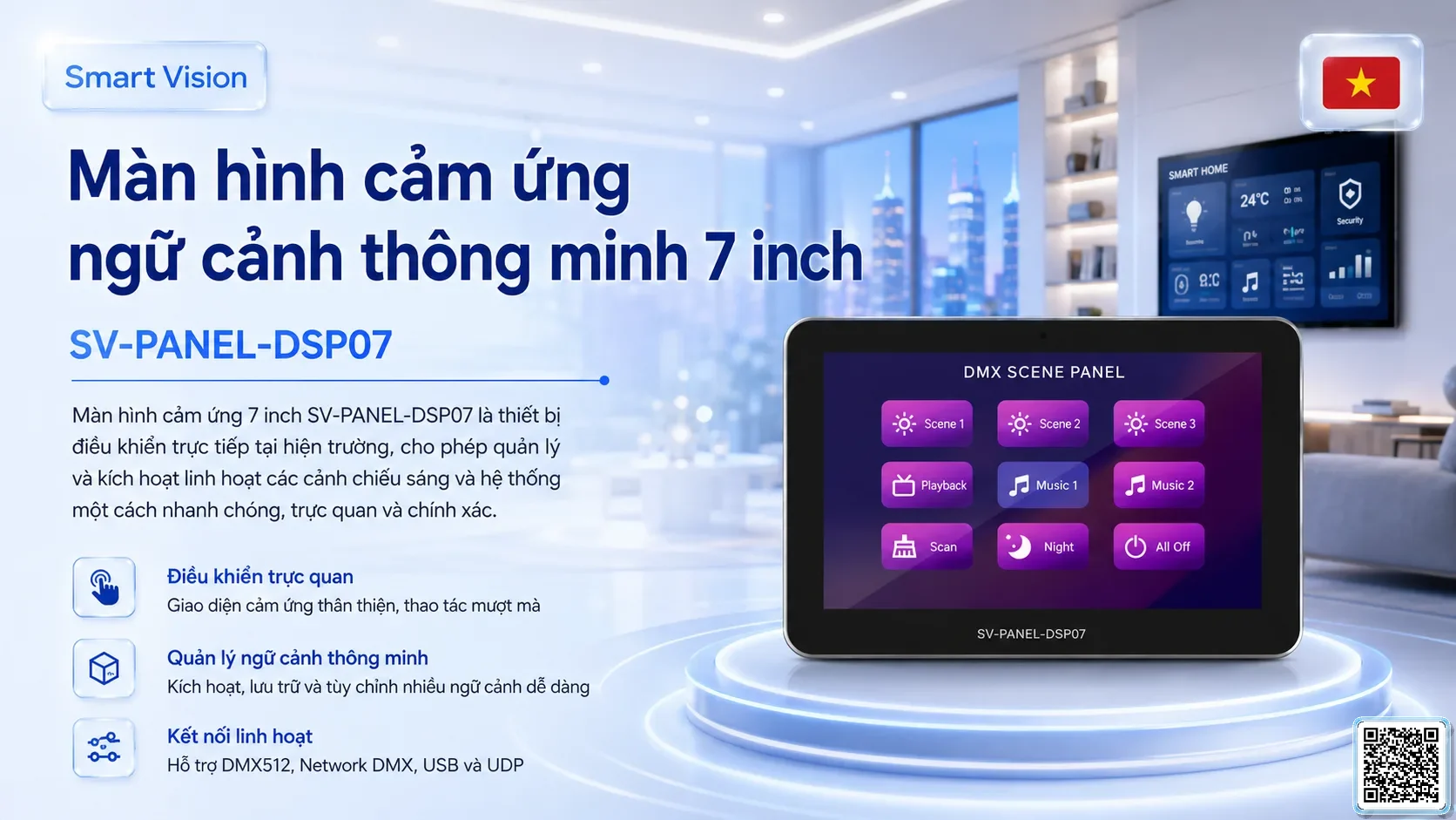 SV-PANEL-DSP07 SV-PANEL-DSP07 7-inch Smart Touch Scene Panel Bộ điều khiển DMX, Nhạc nước DMX, Đèn DMX, Bơm DMX, hệ thống ánh sáng DMX
