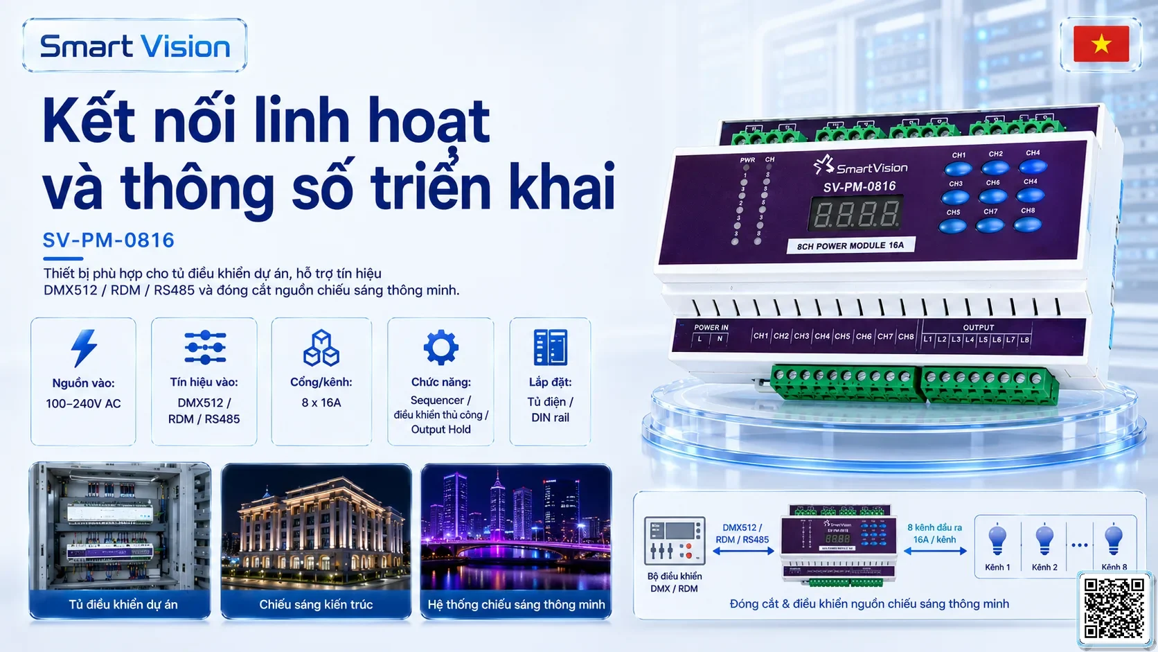 SV-PM-0816 SV-PM-0816 8-Channel 16A Smart Lighting Power Module Bộ điều khiển DMX, Nhạc nước DMX, Đèn DMX, Bơm DMX, hệ thống ánh sáng DMX