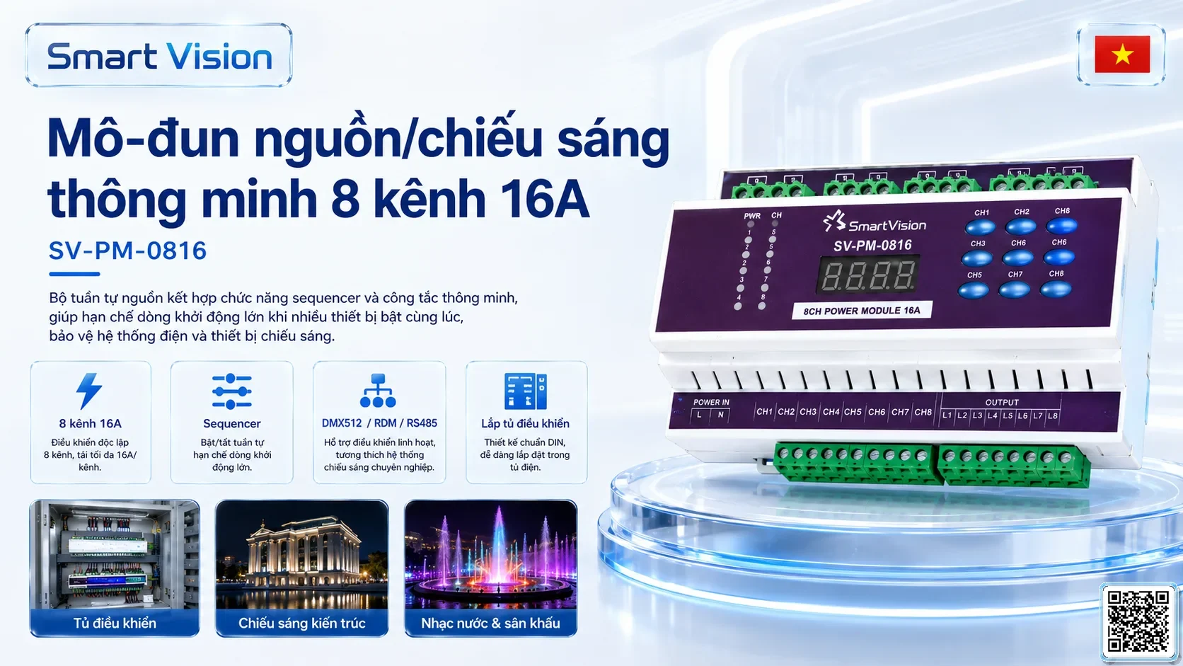 SV-PM-0816 SV-PM-0816 8-Channel 16A Smart Lighting Power Module Bộ điều khiển DMX, Nhạc nước DMX, Đèn DMX, Bơm DMX, hệ thống ánh sáng DMX
