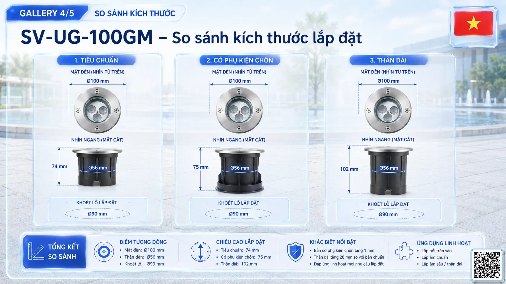 SV-UG-100GM SV-UG-100GM Stainless Steel LED Underground Light thông số kỹ thuật thiết bị đèn âm nước cho đài phun nước, nhạc nước nghệ thuật