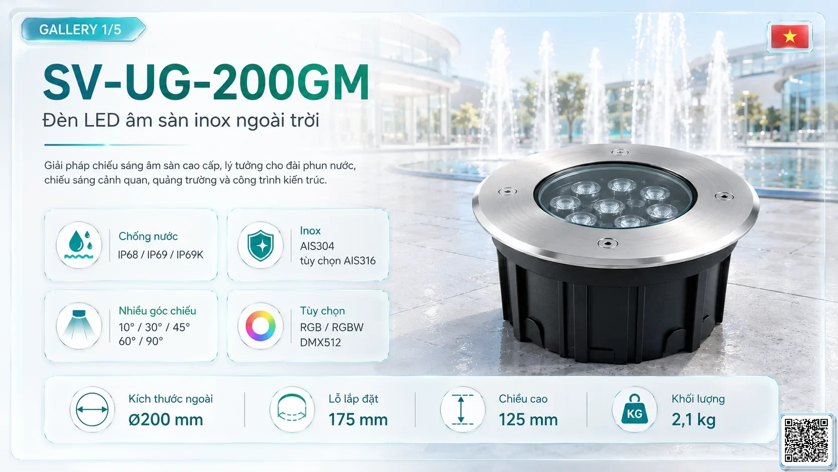 SV-UG-200GM SV-UG-200GM Stainless Steel LED Underground Light thông số kỹ thuật thiết bị đèn âm nước cho đài phun nước, nhạc nước nghệ thuật