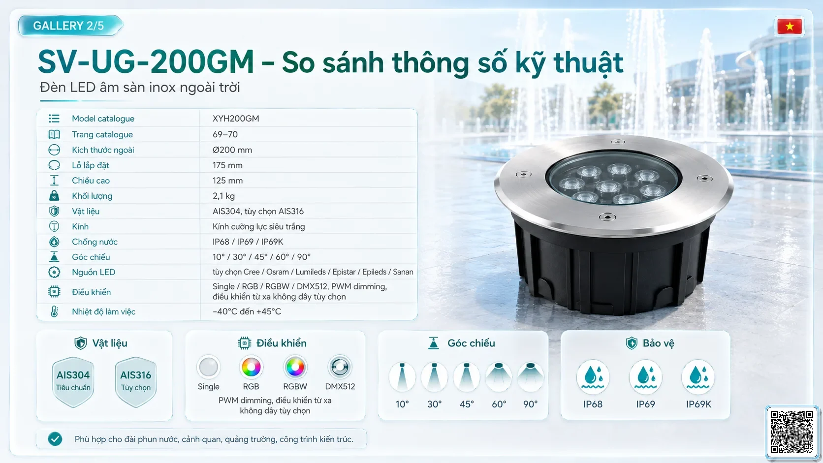 SV-UG-200GM SV-UG-200GM Stainless Steel LED Underground Light thông số kỹ thuật thiết bị đèn âm nước cho đài phun nước, nhạc nước nghệ thuật