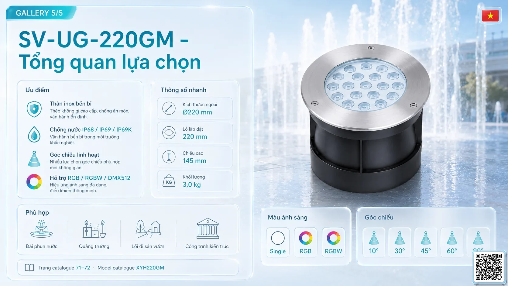 SV-UG-220GM SV-UG-220GM Stainless Steel LED Underground Light thông số kỹ thuật thiết bị đèn âm nước cho đài phun nước, nhạc nước nghệ thuật