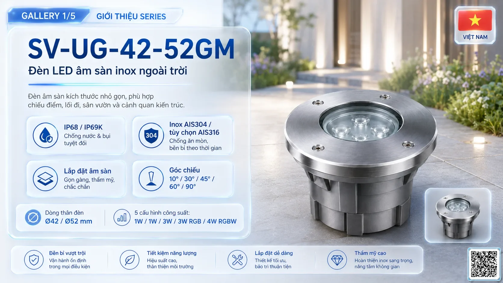 SV-UG-42-52GM SV-UG-42-52GM Stainless Steel LED Underground Light thông số kỹ thuật thiết bị đèn âm nước cho đài phun nước, nhạc nước nghệ thuật