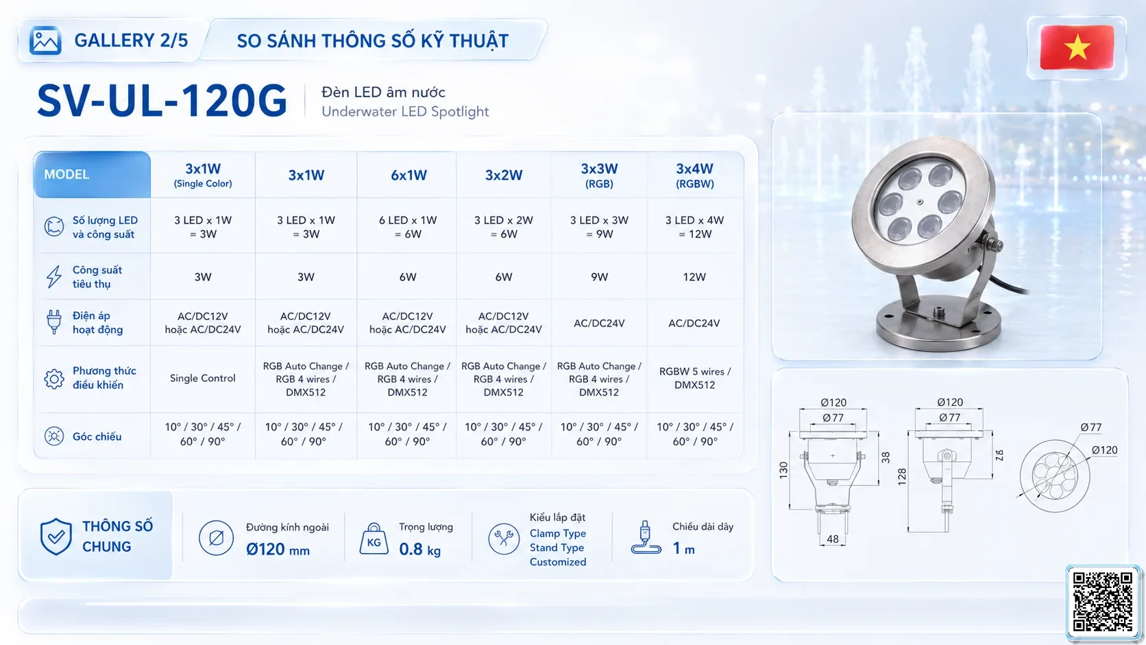 SV-UL-120G SV-UL-120G Underwater LED Spotlight thông số kỹ thuật thiết bị đèn âm nước cho đài phun nước, nhạc nước nghệ thuật