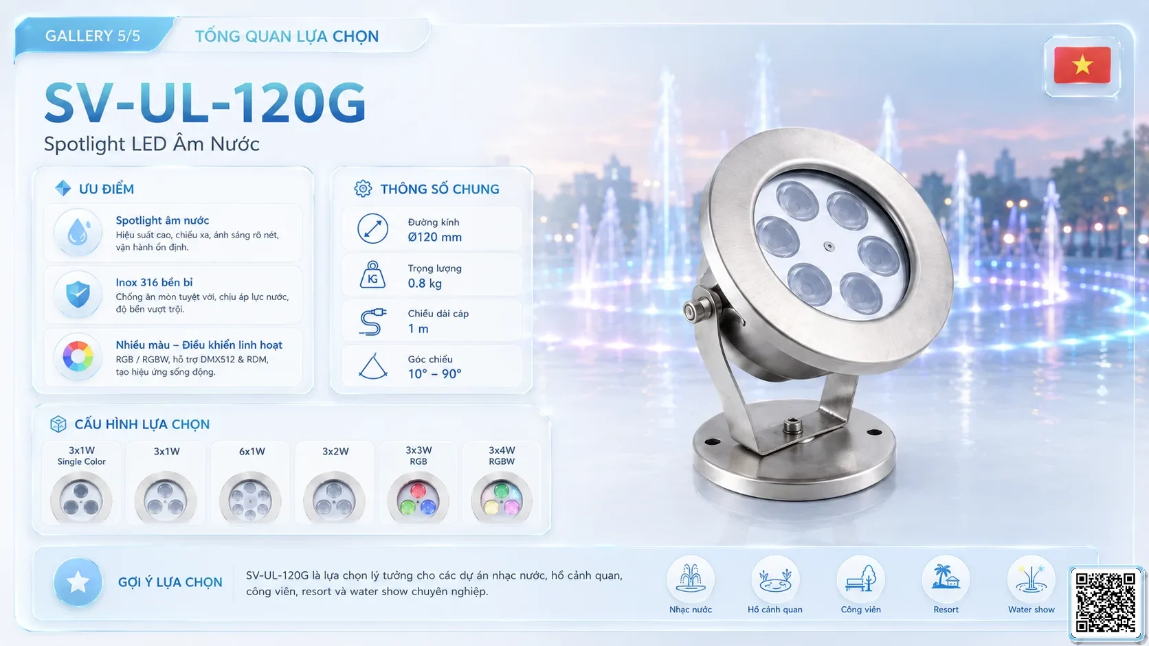 SV-UL-120G SV-UL-120G Underwater LED Spotlight thông số kỹ thuật thiết bị đèn âm nước cho đài phun nước, nhạc nước nghệ thuật