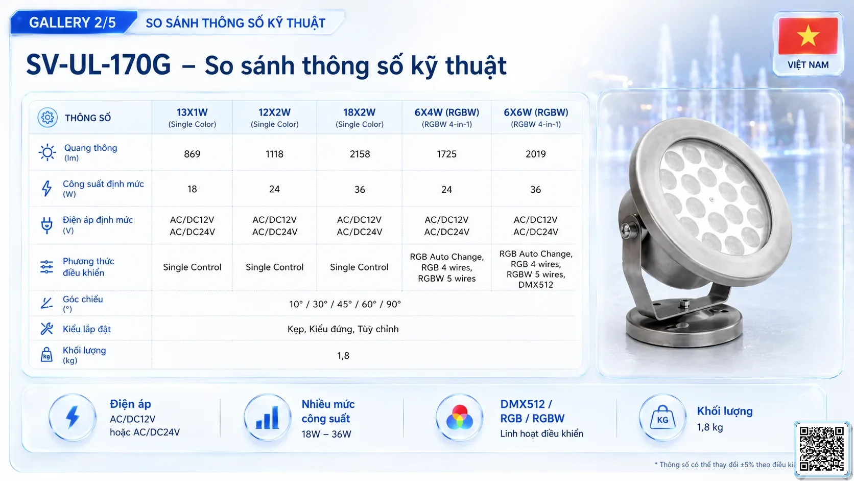 SV-UL-170G SV-UL-170G Underwater LED Spotlight thông số kỹ thuật thiết bị đèn âm nước cho đài phun nước, nhạc nước nghệ thuật