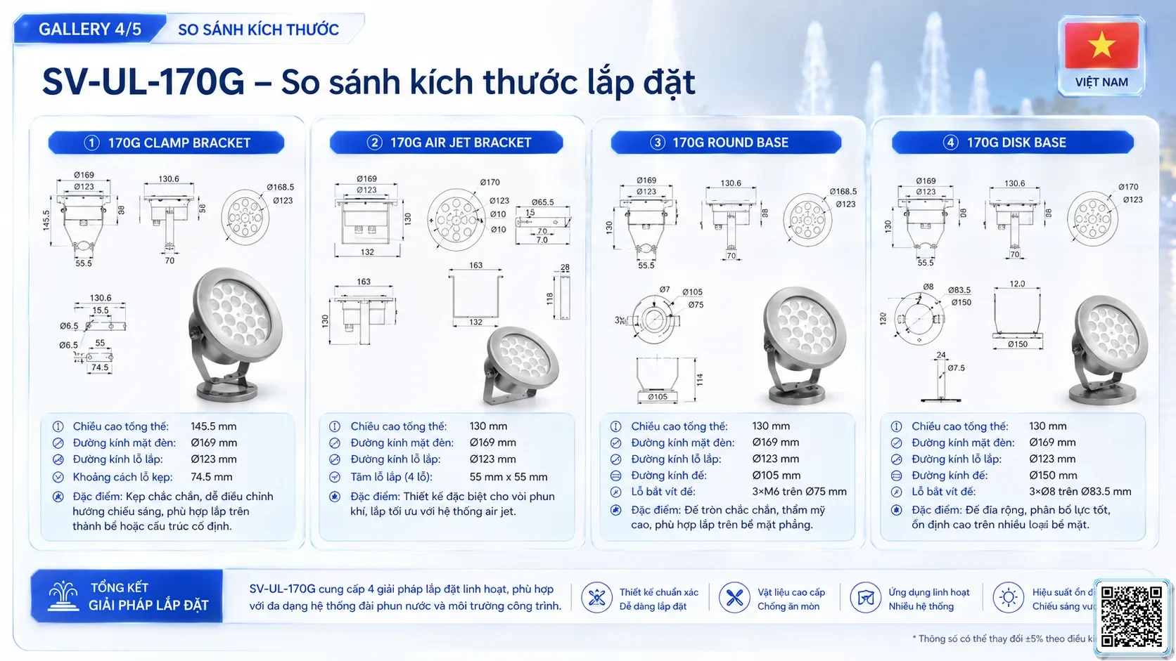 SV-UL-170G SV-UL-170G Underwater LED Spotlight thông số kỹ thuật thiết bị đèn âm nước cho đài phun nước, nhạc nước nghệ thuật