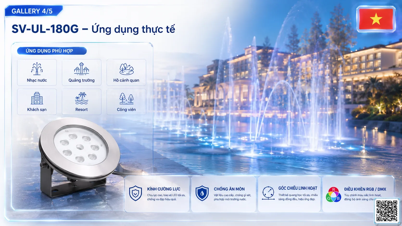 SV-UL-180G SV-UL-180G Underwater LED Spotlight thông số kỹ thuật thiết bị đèn âm nước cho đài phun nước, nhạc nước nghệ thuật