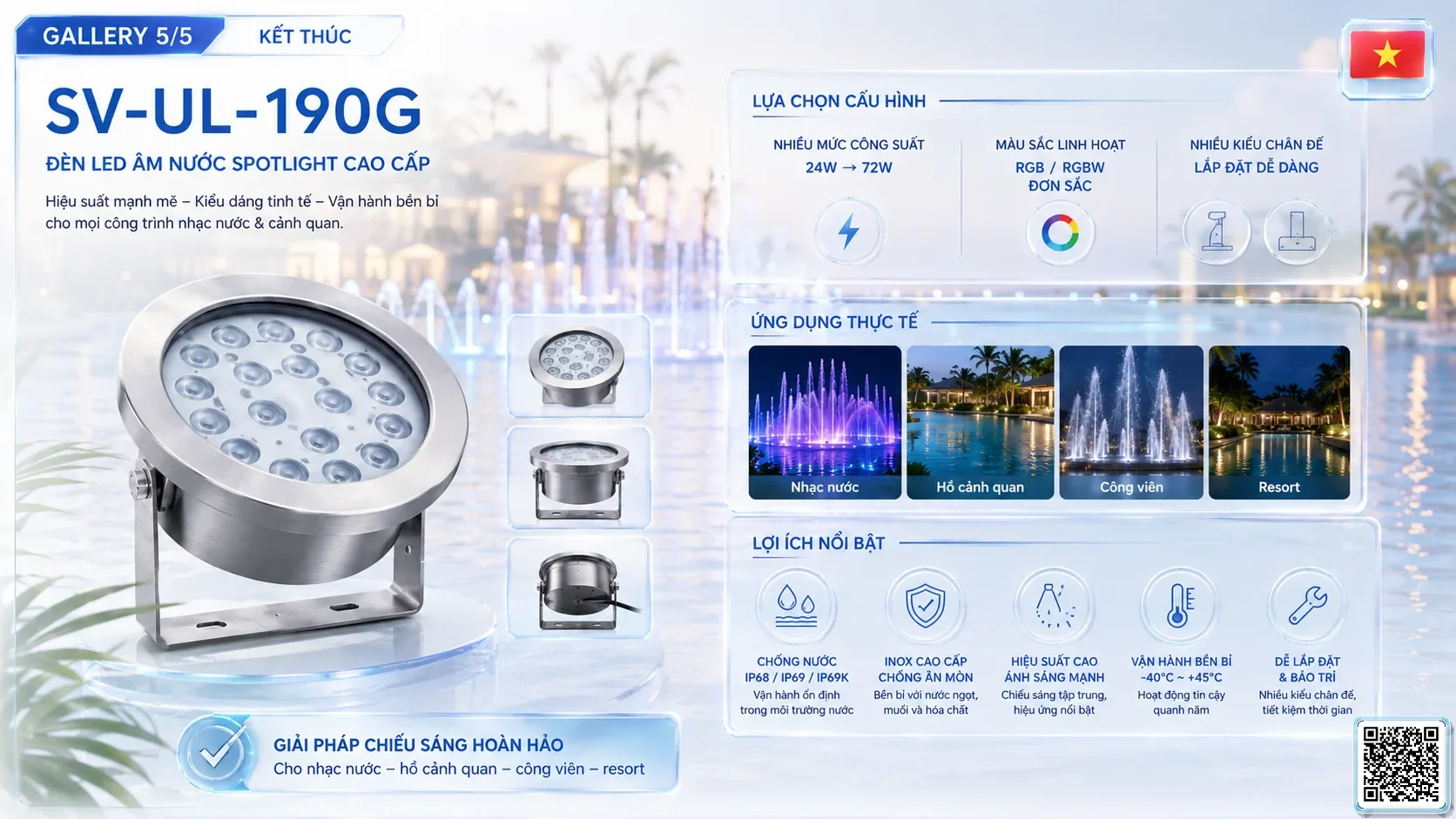SV-UL-190G SV-UL-190G Underwater LED Spotlight thông số kỹ thuật thiết bị đèn âm nước cho đài phun nước, nhạc nước nghệ thuật