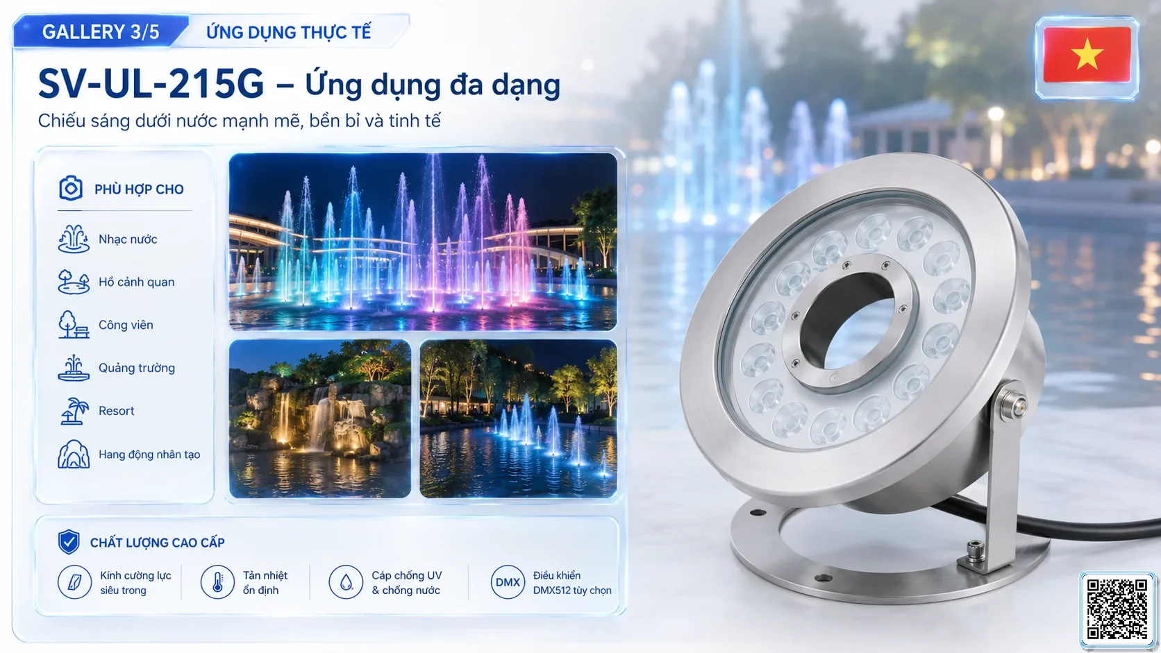 SV-UL-215G SV-UL-215G Underwater LED Spotlight thông số kỹ thuật thiết bị đèn âm nước cho đài phun nước, nhạc nước nghệ thuật