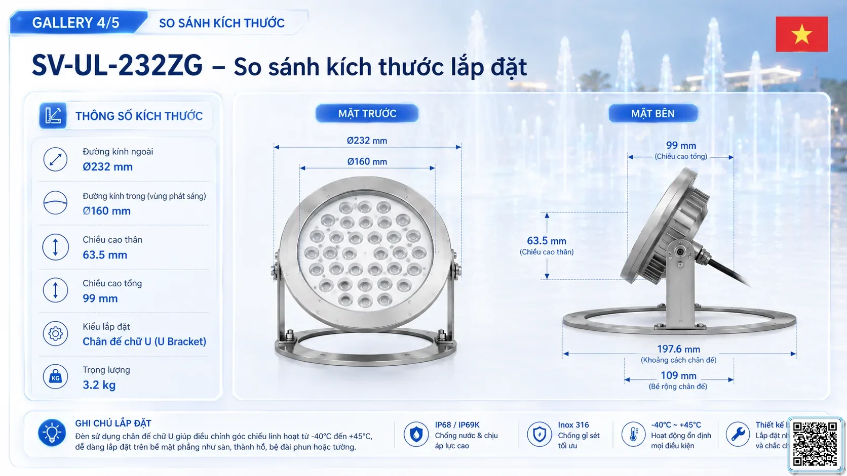SV-UL-250G SV-UL-250G Underwater LED Spotlight thông số kỹ thuật thiết bị đèn âm nước cho đài phun nước, nhạc nước nghệ thuật