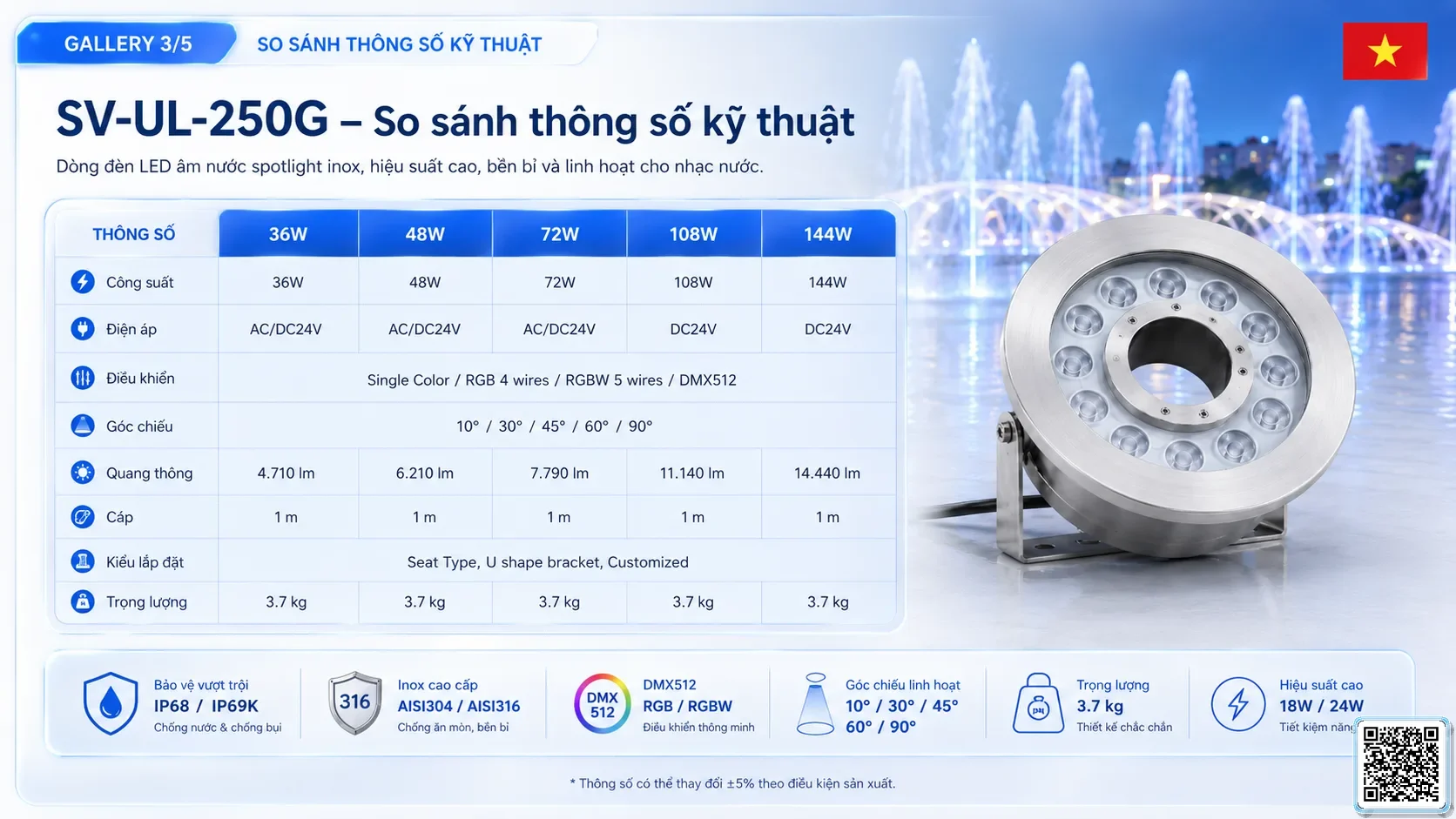 SV-UL-250G SV-UL-250G Underwater LED Spotlight thông số kỹ thuật thiết bị đèn âm nước cho đài phun nước, nhạc nước nghệ thuật