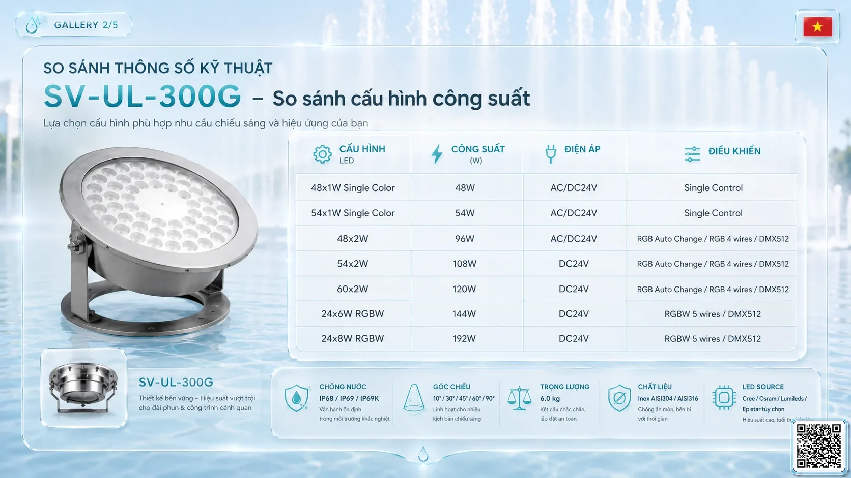 SV-UL-300G SV-UL-300G Underwater LED Spotlight thông số kỹ thuật thiết bị đèn âm nước cho đài phun nước, nhạc nước nghệ thuật