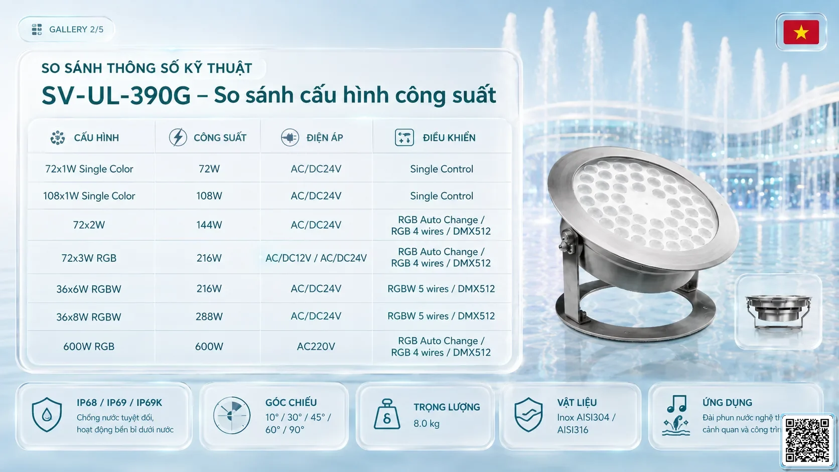 SV-UL-390G SV-UL-390G Underwater LED Spotlight thông số kỹ thuật thiết bị đèn âm nước cho đài phun nước, nhạc nước nghệ thuật