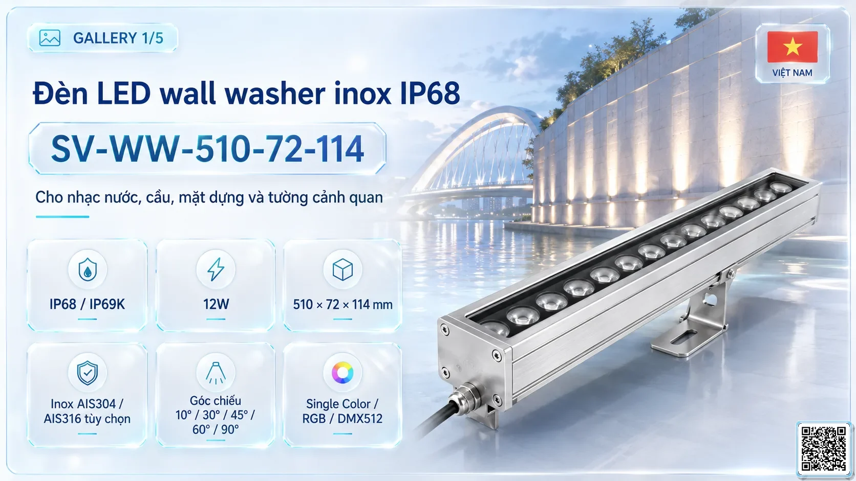 SV-WW-510-72-114 SV-WW-510-72-114 IP68 Stainless Steel LED Wall Washer Light thông số kỹ thuật thiết bị đèn âm nước cho đài phun nước, nhạc nước nghệ