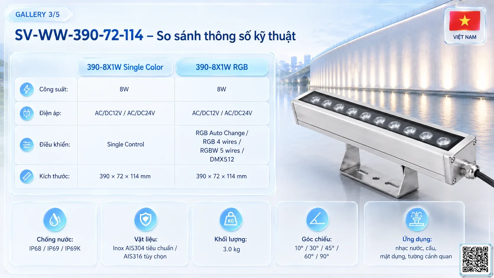 SV-WW-510-72-114 SV-WW-510-72-114 IP68 Stainless Steel LED Wall Washer Light thông số kỹ thuật thiết bị đèn âm nước cho đài phun nước, nhạc nước nghệ