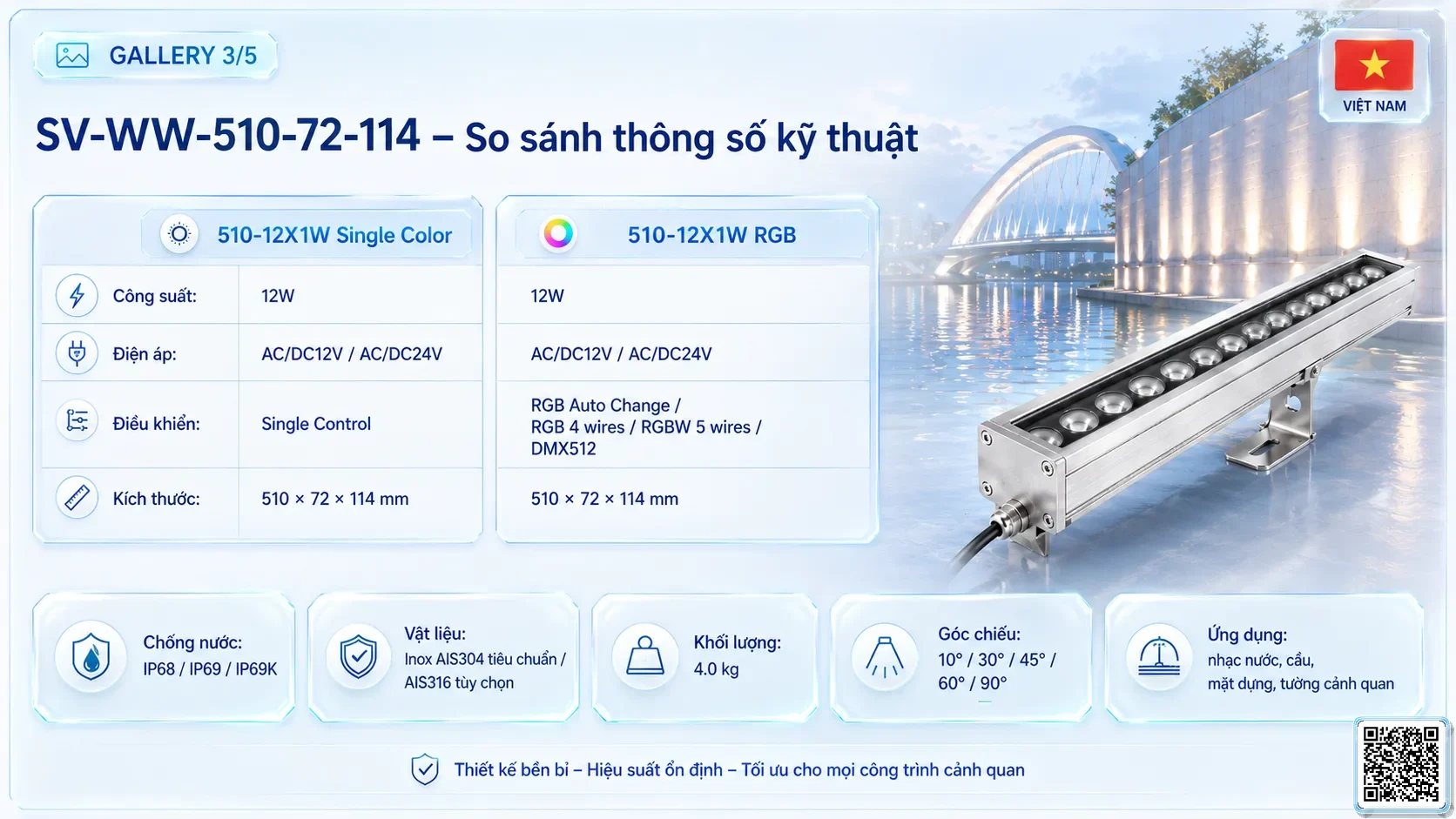 SV-WW-510-72-114 SV-WW-510-72-114 IP68 Stainless Steel LED Wall Washer Light thông số kỹ thuật thiết bị đèn âm nước cho đài phun nước, nhạc nước nghệ