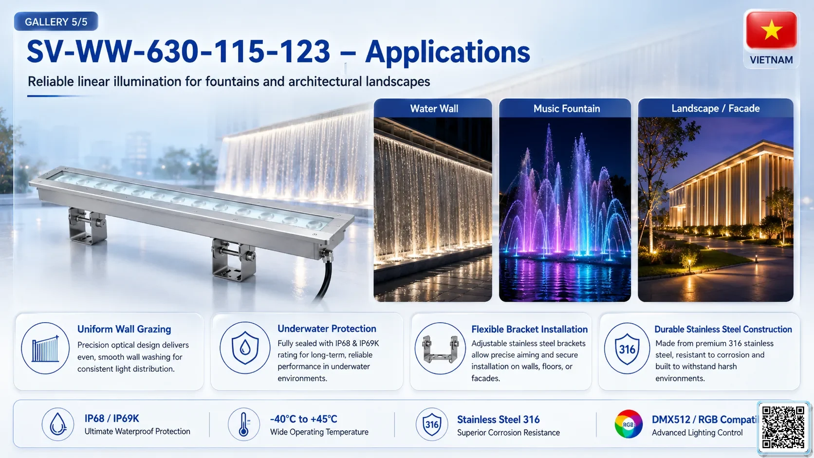 SV-WW-630-115-123 SV-WW-630-115-123 IP68 Stainless Steel LED Wall Washer Light Underwater Light catalogue, fountain lights