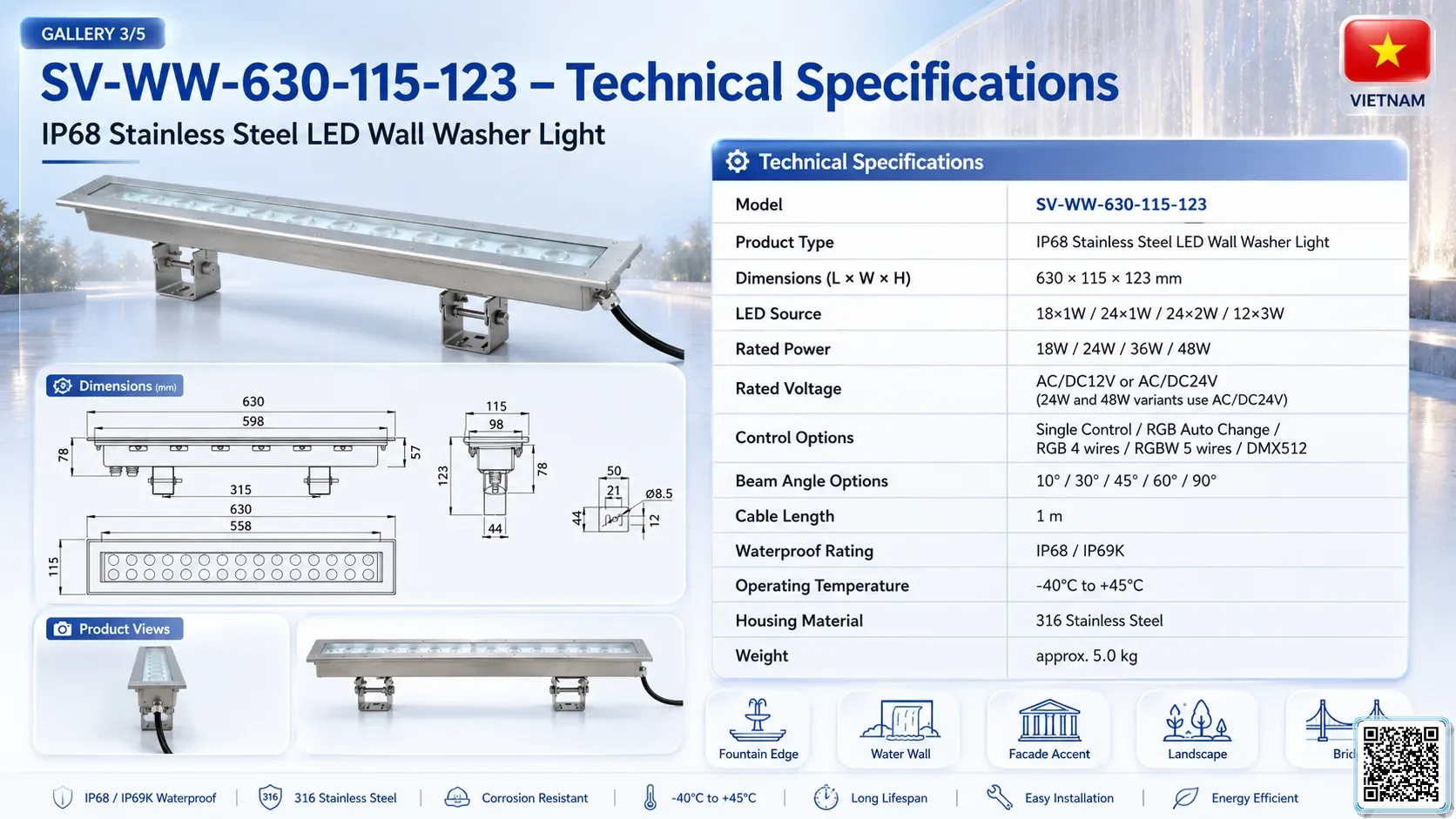 SV-WW-630-115-123 SV-WW-630-115-123 IP68 Stainless Steel LED Wall Washer Light Underwater Light catalogue, fountain lights