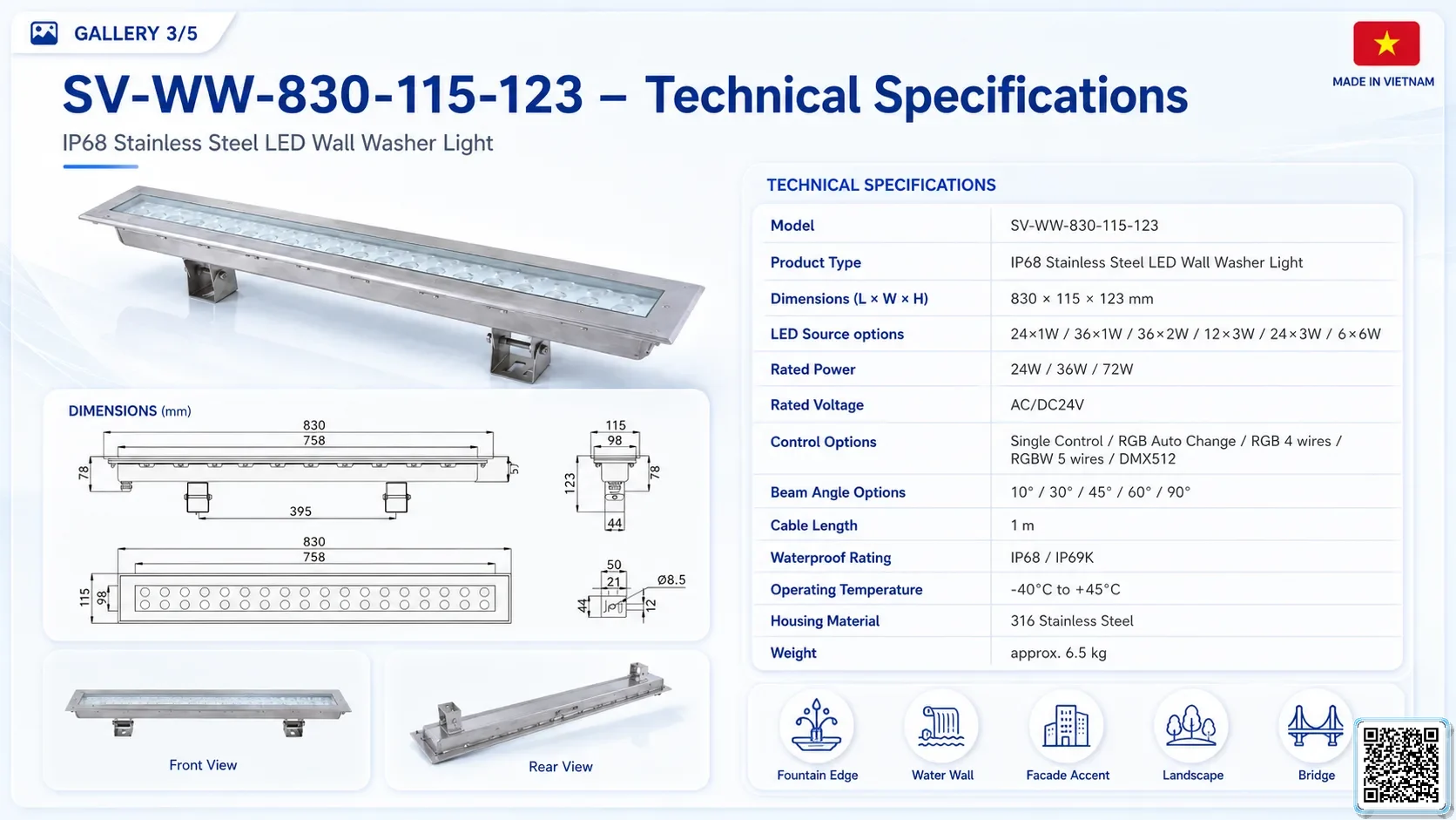 SV-WW-830-115-123 SV-WW-830-115-123 IP68 Stainless Steel LED Wall Washer Light Underwater Light catalogue, fountain lights