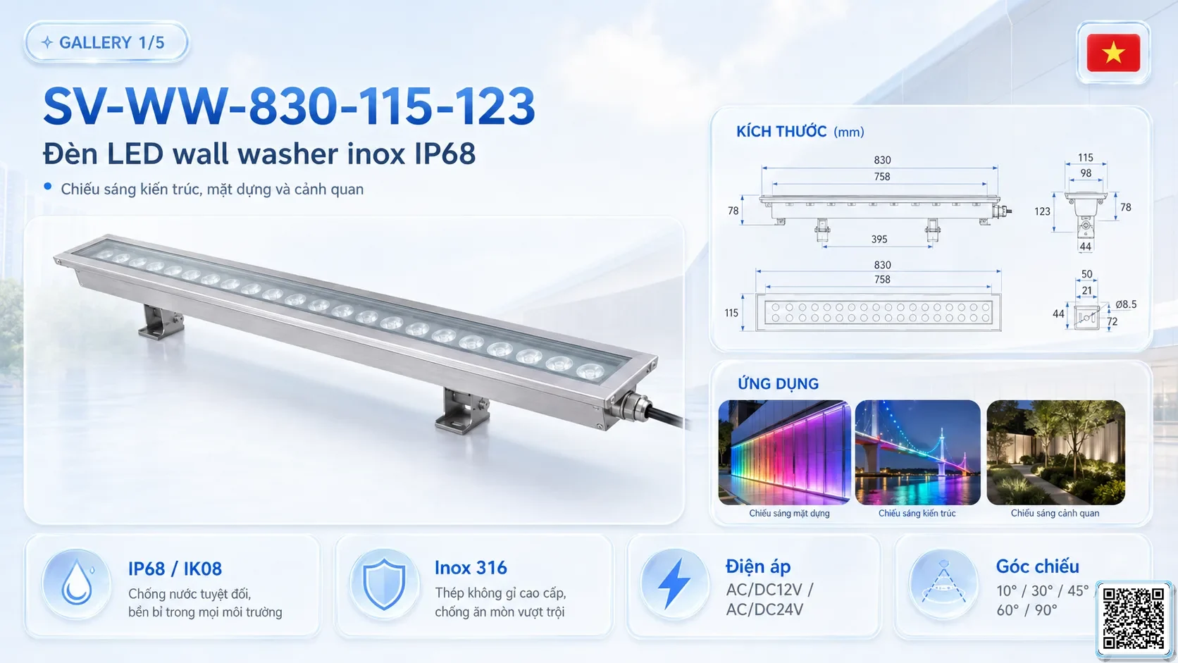 SV-WW-830-115-123 SV-WW-830-115-123 IP68 Stainless Steel LED Wall Washer Light thông số kỹ thuật thiết bị đèn âm nước cho đài phun nước, nhạc nước
