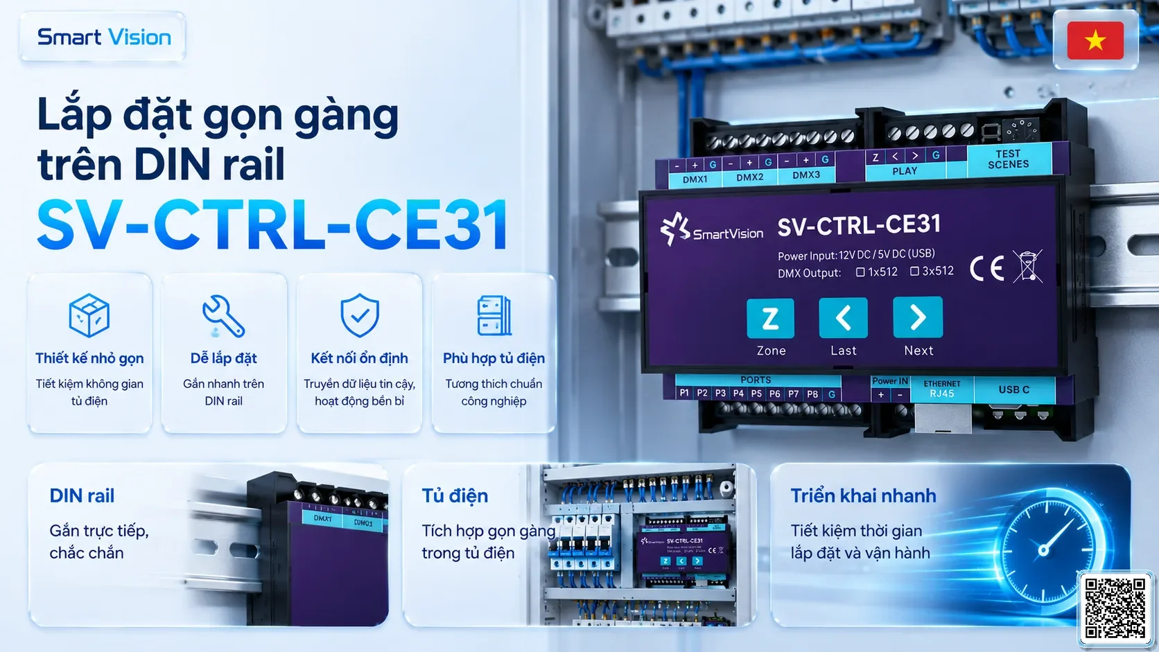 SV-CTRL-CE31 SV-CTRL-CE31 DIN Rail Network DMX Controller Bộ điều khiển DMX, Nhạc nước DMX, Đèn DMX, Bơm DMX, hệ thống ánh sáng DMX